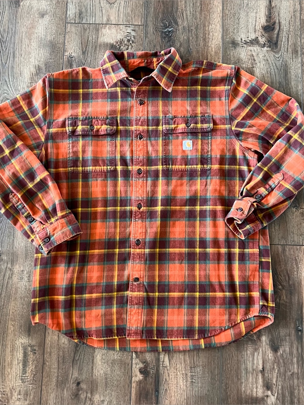 Carhartt Heavyweight Flannel Men’s Orange & Brown Plaid Shirt Jacket Size XL